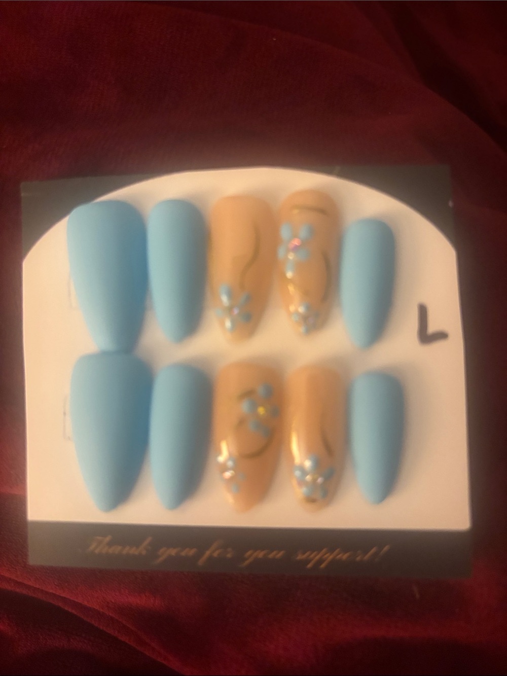 Handcrafted Blue and Beige Press-On Nails with Rhinestone Accent